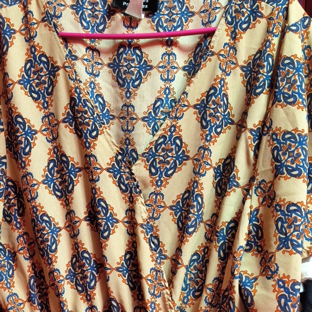 Elegant V-Neck Dress with Blue and Orange Patterns